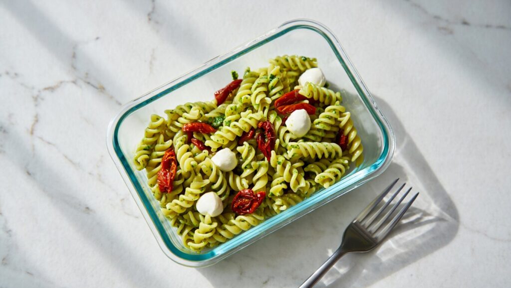 Bowl-de-pates-au-pesto-tomates-sechees-et-mozzarella